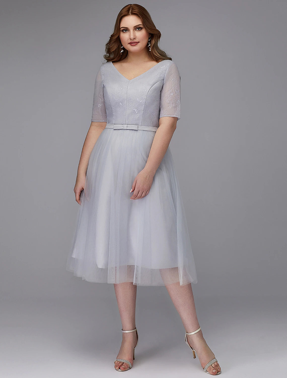 Wholesale A-Line Elegant Dress Wedding Guest Tea Length Short Sleeve V Neck Lace Lace-up with Sash / Ribbon
